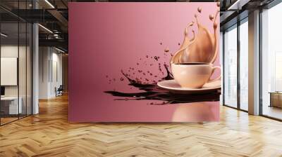 cup of coffee and liquid splashing out on pink background Wall mural