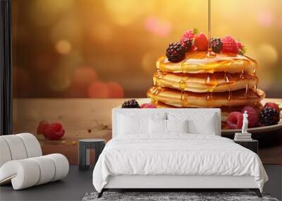 delicious pancakes with berries on top, breakfast with maple syrup and fruit Wall mural