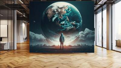 earth day, boy looking at the planet, space and clouds, fantasy wold Wall mural