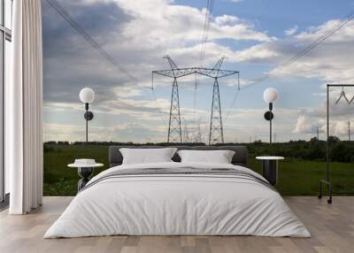 High voltage pylons against the blue sky with white clouds and bright green meadow. Power lines stretching into the distance. Perspective. Electricity Wall mural