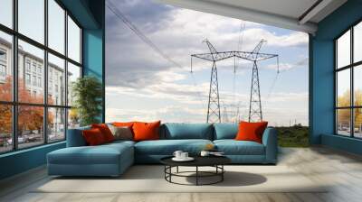 High voltage pylons against the blue sky with white clouds and bright green meadow. Power lines stretching into the distance. Perspective. Electricity Wall mural