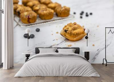 homemade blueberry muffins on wire rack on white and gray marble countertop; one isolated in front Wall mural