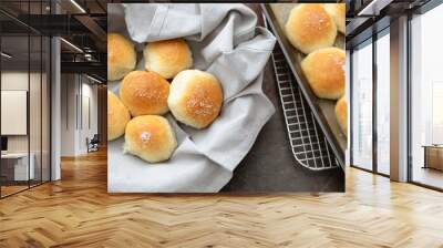 Homemade Dinner Rolls in Wooden Bread Basket Wall mural