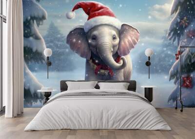 adorable baby elephant with santa hat and christmas necklace, snowflakes and copy space Wall mural