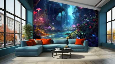 beautiful colorful fantasy jungle wit magical flowers, Generative AI Wall mural