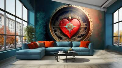 Beautiful fantasy compass in the shape of a heart, Generative AI Wall mural