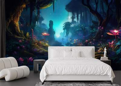 beautiful glowing fantasy jungle with colorful magical flowers, Generative AI Wall mural