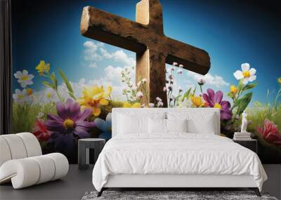 easter spring banner of a cross in a field with flowers, Generative AI Wall mural