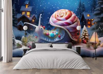 magical fantasy snail with christmas decorations in the snow at night, winter scene Wall mural