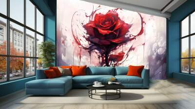 rose with red ink background, beautiful art, love and pain, Generative AI Wall mural