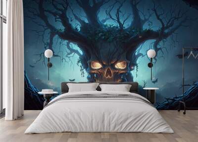 scary halloween wallpaper of a skull that is also a tree, Generative AI Wall mural