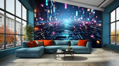 a dark illustration of a technical system with colorful lines connecting different flow states Wall mural