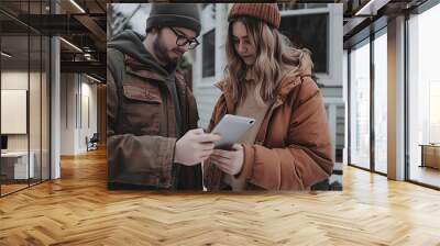 The future of business lies in how well youre connected. Shot of two businesspeople using a digital tablet in the city.. Wall mural