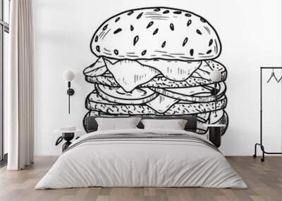 Fresh tasty burger. Vetor hand drawn illustration Wall mural