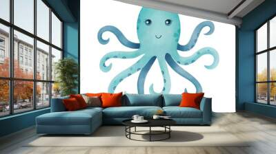 Hand drawn blue octopus, watercolor illustration Wall mural