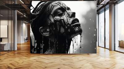 Dark black and white photo of a horrifying woman with drip painting on her face Wall mural