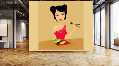 sweet Asian girl enjoy sushi Wall mural