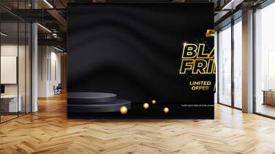 Black Friday Sale concept with a stage podium designed for showcasing products, complemented by a modern backdrop that includes balloons Wall mural