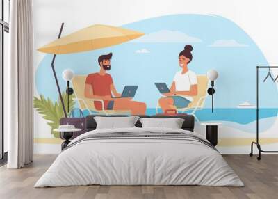 A joyful couple planning a family trip together, packing their suitcases together, and getting ready to go Wall mural