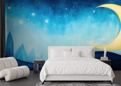 A serene painting of a crescent moon in the night sky with wave shape at bottom Wall mural