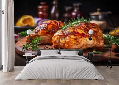 Closeup of tasty roast chicken breast served on wooden board. Grilled chicken. Wall mural