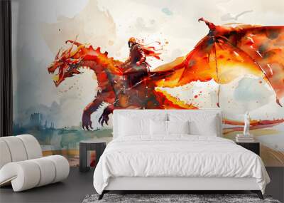 Dragon Rider fantasy character Watercolor Wall mural