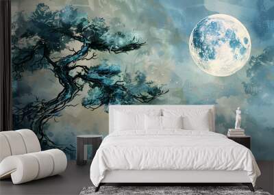 Moonlit fantasy tree Watercolor Wall mural