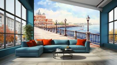 Waterfront Promenades Watercolor Wall mural