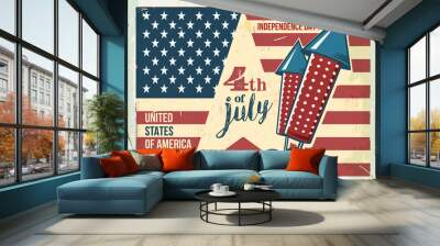 4th of july poster. grunge retro metal sign with fireworks. independence day. celebration flyer. vin Wall mural