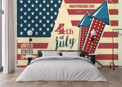 4th of July poster. Grunge retro metal sign with fireworks. Independence day. Celebration flyer. Vintage mockup. Old fashioned design. Wall mural