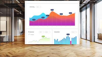 Dashboard UI and UX Kit. Bar chart and line graph designs. Different infographic elements. White background. Wall mural