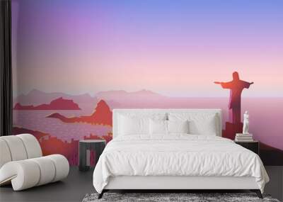 rio de janeiro skyline. statue rises above the brazilian city. sunset sky over copacabana beach. vec Wall mural