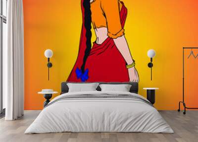 Beautiful young Indian lady wearing red saree and blouse going for shopping cartoon art Wall mural