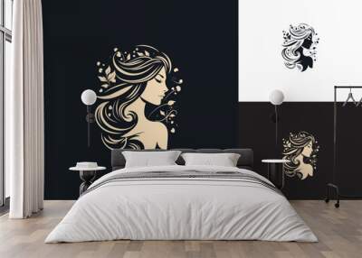 Woman Headshot with Curly Hair and Floral Elements: Vector Logo Design for Women's Fashion Clothing Wall mural