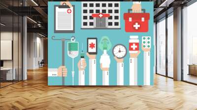 Hospital flat design card with hand Wall mural