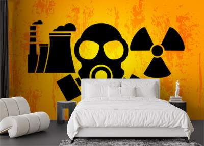 Nuclear power plant factory icon, radioactive icon, hazard symbol, gas mask. Vector illustration Wall mural