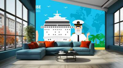 Sea cruise travel flat design banner with a cruise ship and captain Wall mural