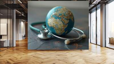 World health day ,Stethoscope wrapped around globe on pastel blue background. Save the wold, Global health care and Green Earth day concept Wall mural