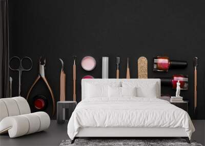 Above view of manicure and pedicure tools on black background Wall mural