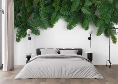 Green natural fir tree branches garland isolated on white background Wall mural