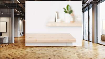 Natural wooden table top and blurred wall with kitchen shelf Wall mural