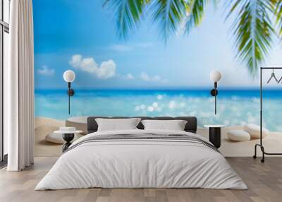 White stone podium with copy space for product display on tropical summer sand beach background Wall mural