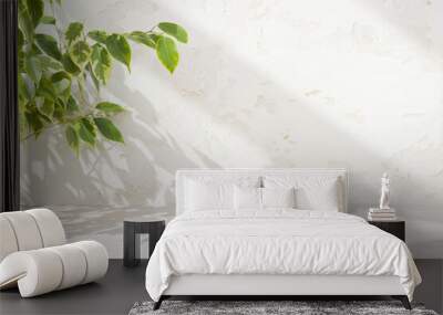 Wooden table background with empty space and ficus leaves shadows Wall mural