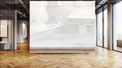 Wooden table in front of blurred bathroom interior as background Wall mural