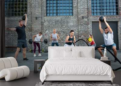 Group of healthy people working out, outside workout Wall mural