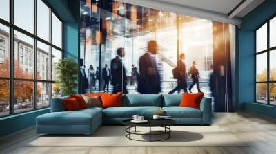 Blurred motion of professionals in a dynamic, corporate environment, with vibrant bokeh background Wall mural