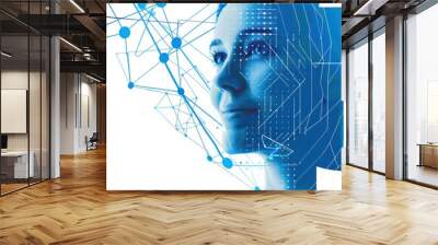 A Woman's Face Overlaid With Blue Circuitry and Network Connections Wall mural