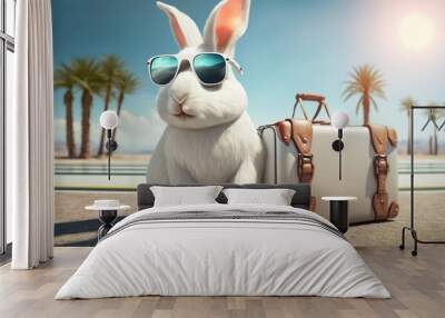 Cute white easter bunny in sunglasses with luggage on vacation at the resort, cartoon. AI generated Wall mural