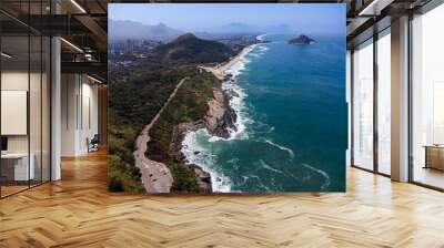 Aerial view of Recreio dos Bandeirantes, Macumba e Praia do Secreto near Prainha beach, in Rio de Janeiro, Brazil. Big hills around. Sunny day. Drone Photo Wall mural