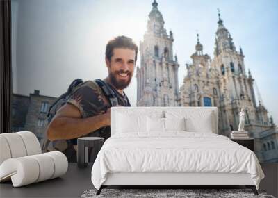 Portrait Of Happy Man On Pilgrimage At Santiago De Compostela Wall mural